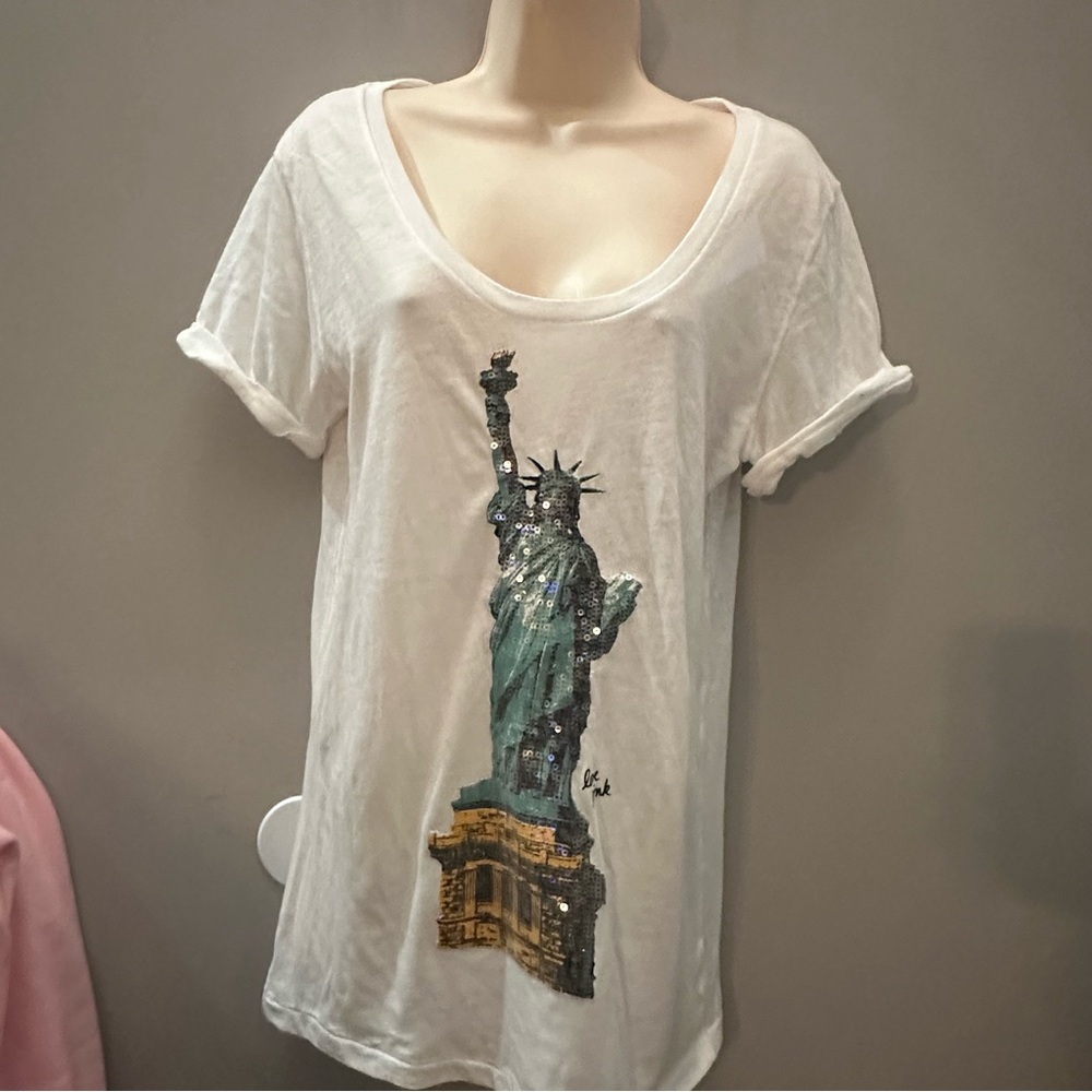 White Graphic Sequin Statue Of Liberty NYC  PINK VICTORIA’s SECRET Cuffed Sleeve